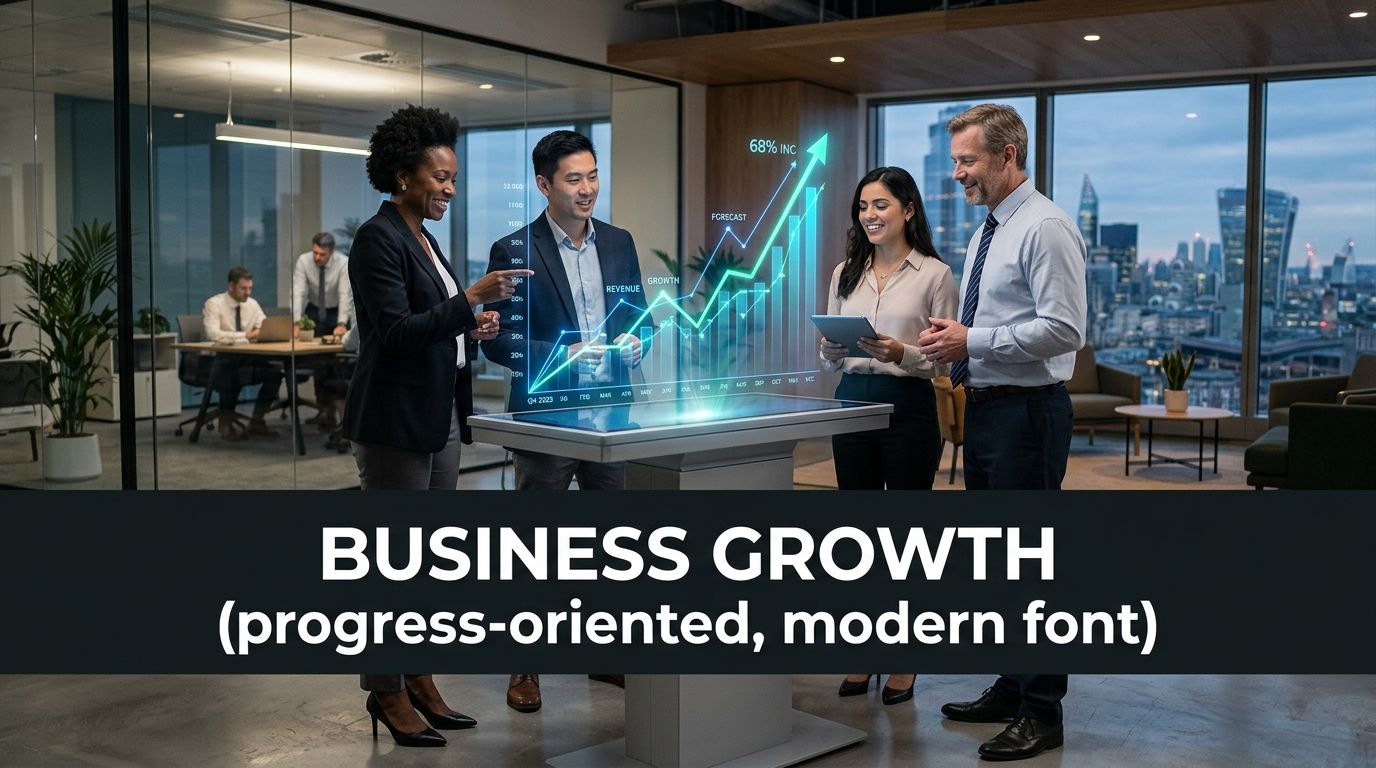 A diverse team of business professionals interacting with a digital holographic growth chart in a modern office.