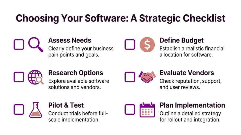 A strategic checklist infographic outlining six essential steps for choosing the right business software solutions.