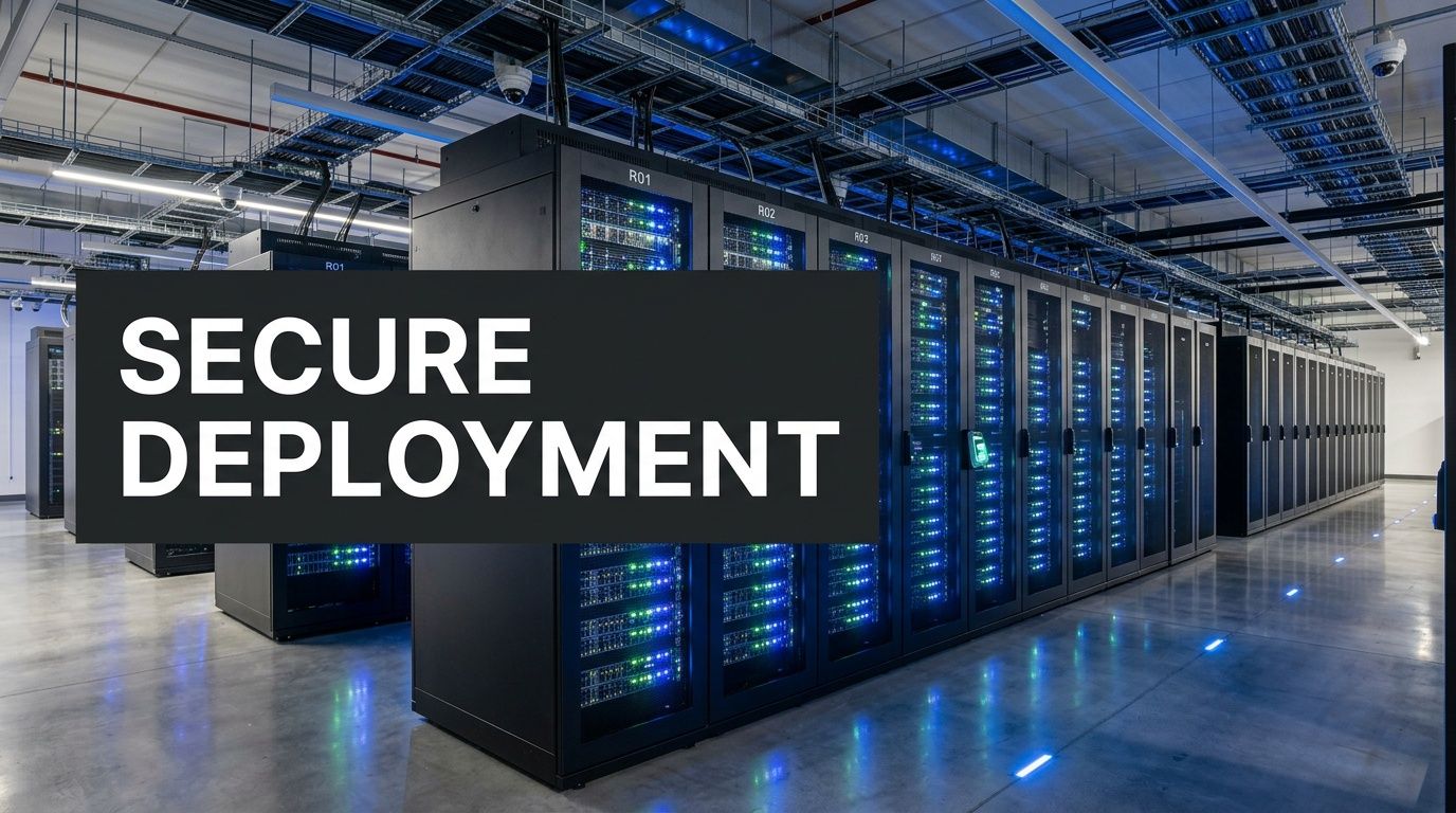 A modern data center featuring rows of black server racks with glowing blue and green indicator lights.