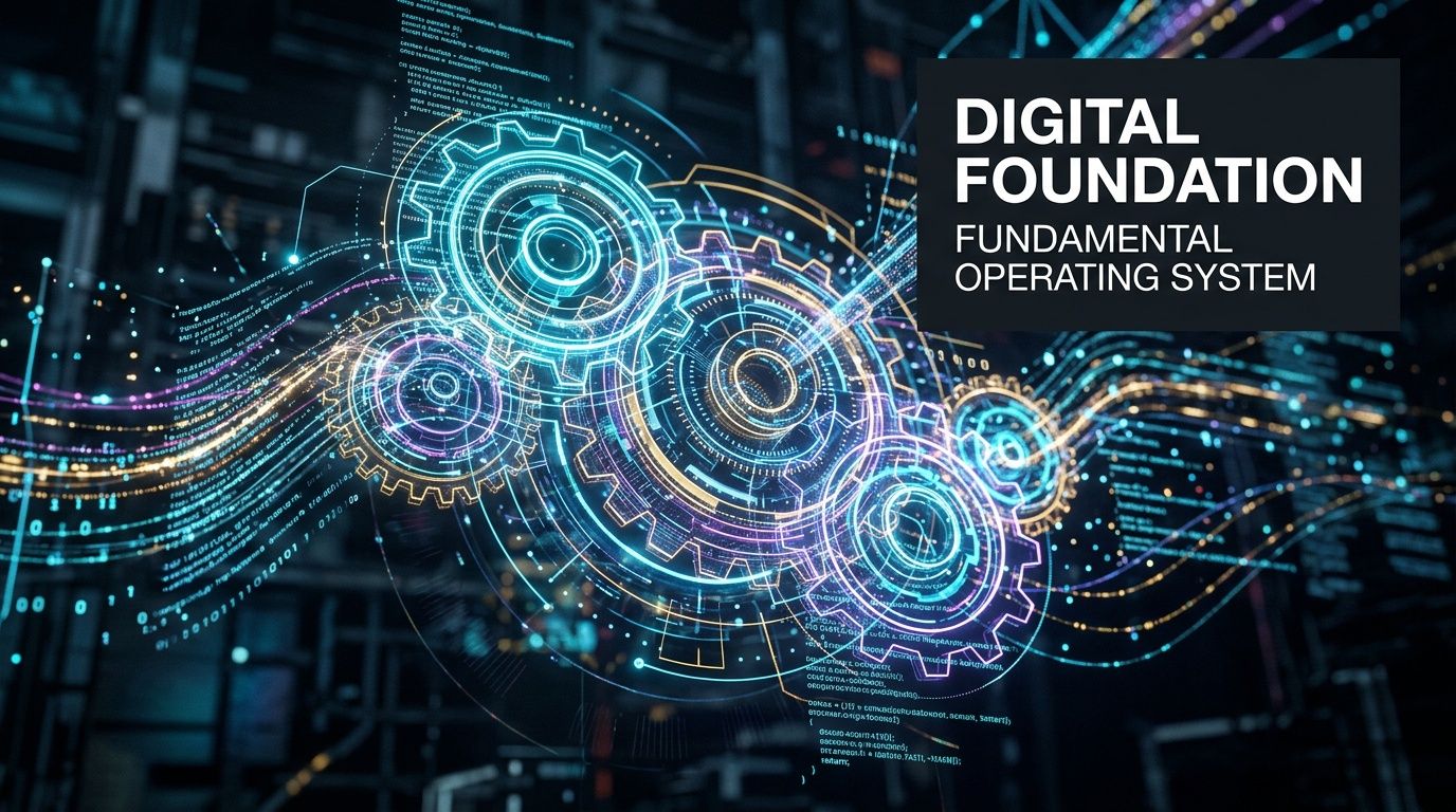 A digital graphic depicting interconnected glowing gears symbolizing a fundamental software operating system and technology infrastructure.