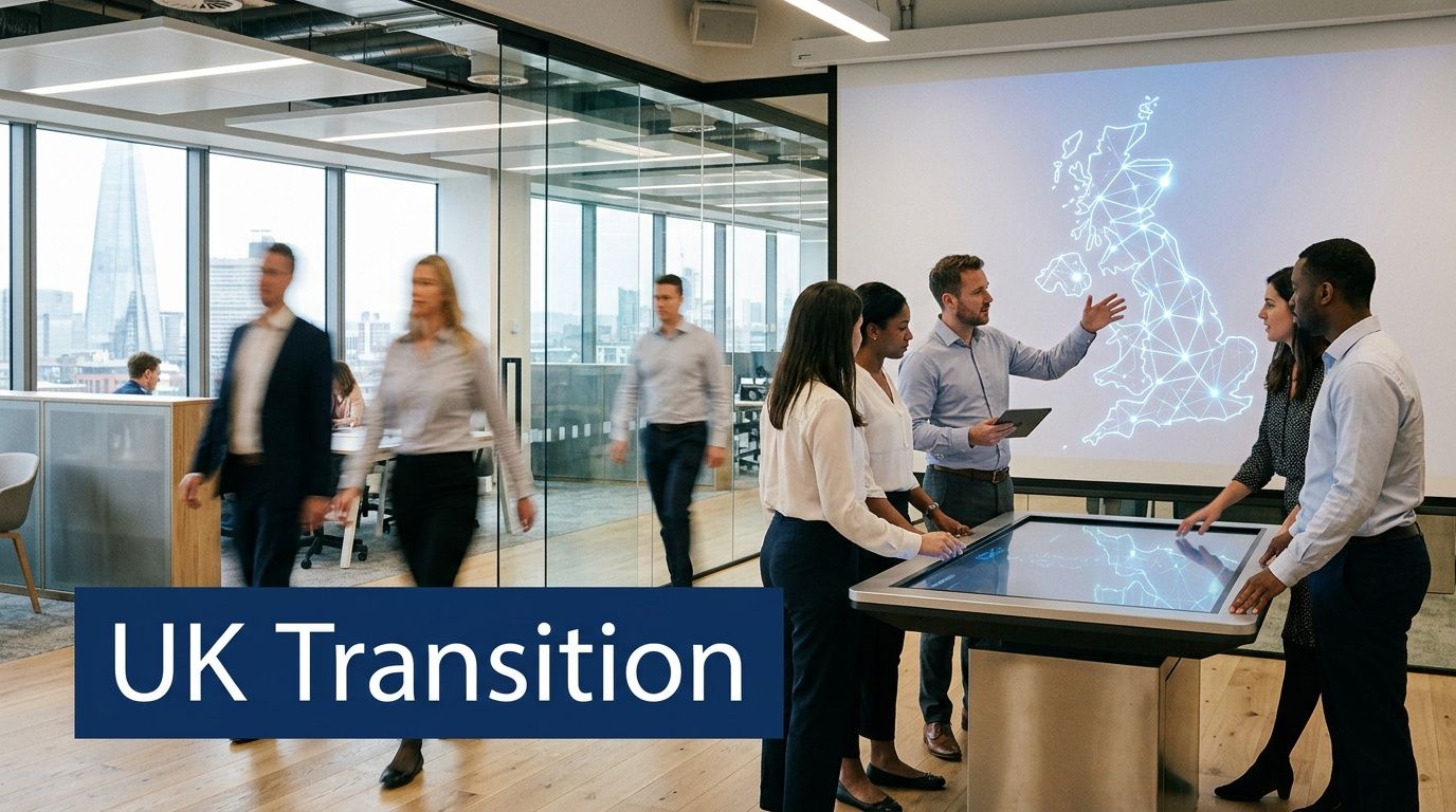 A professional team collaborating on a digital project in a modern office space with a UK map projection.