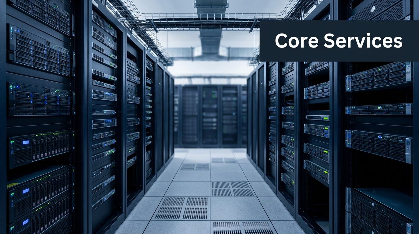 A clean, modern data center server room with rows of black server racks and blue indicator lights.