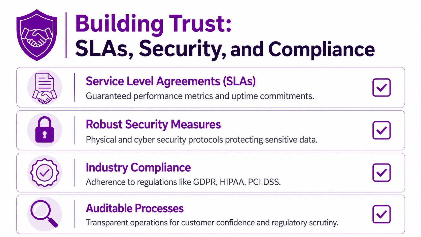 An infographic detailing pillars of building trust including service level agreements, security, compliance, and auditable processes.