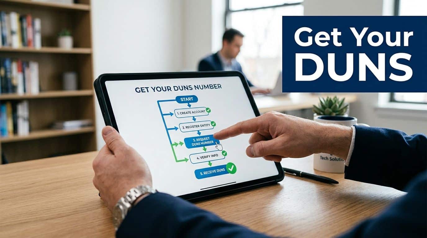 A person using a tablet to follow a flowchart about how to get a DUNS number.
