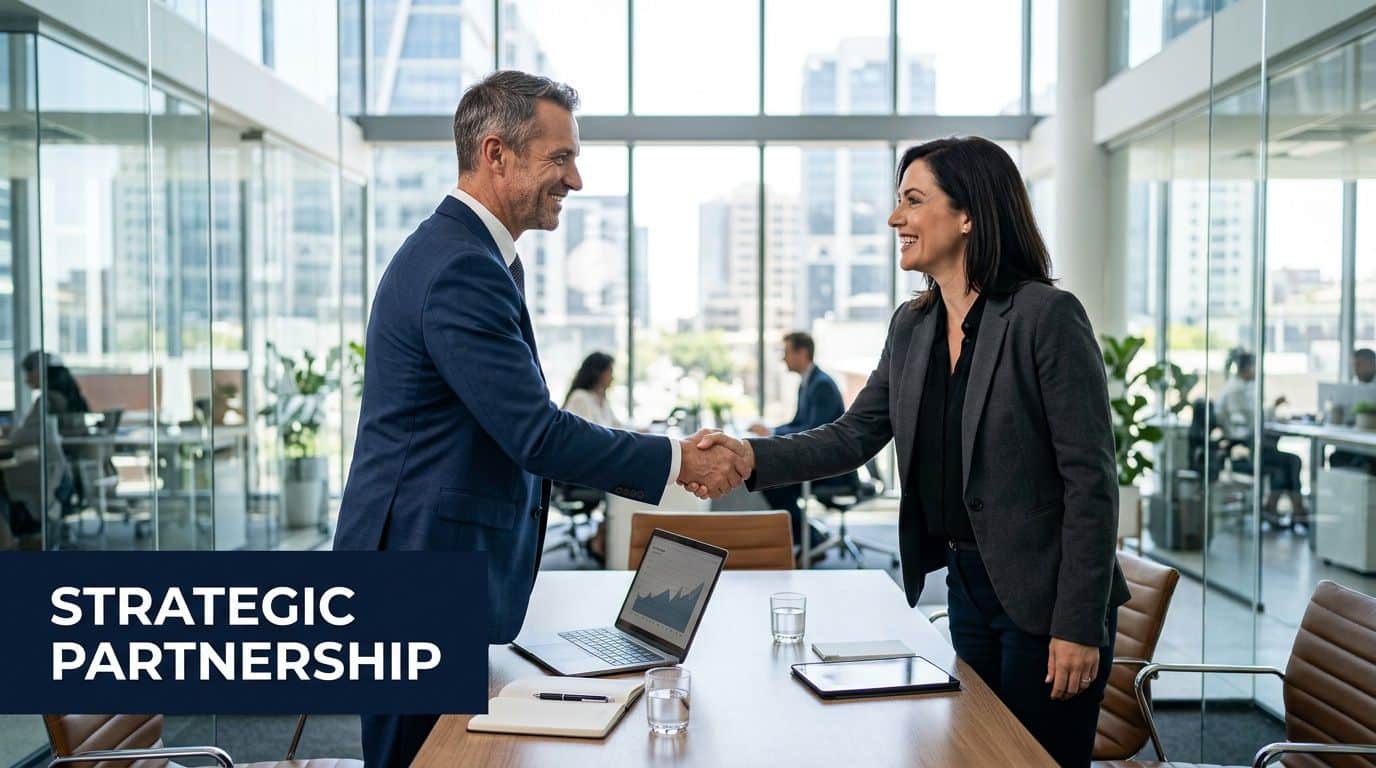 A professional man and woman in business attire shaking hands over a meeting table in an office.