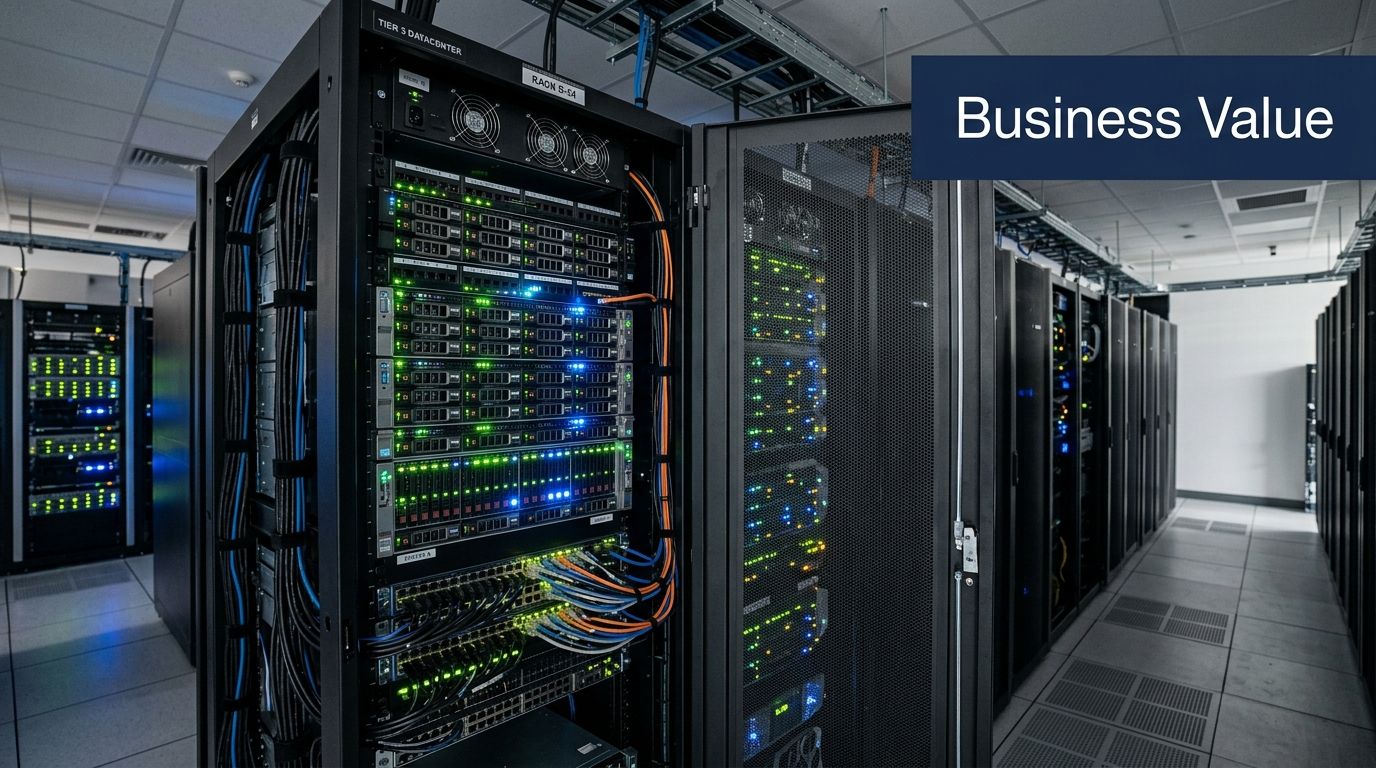 A modern data center server room with rows of black server racks and blinking indicator lights.