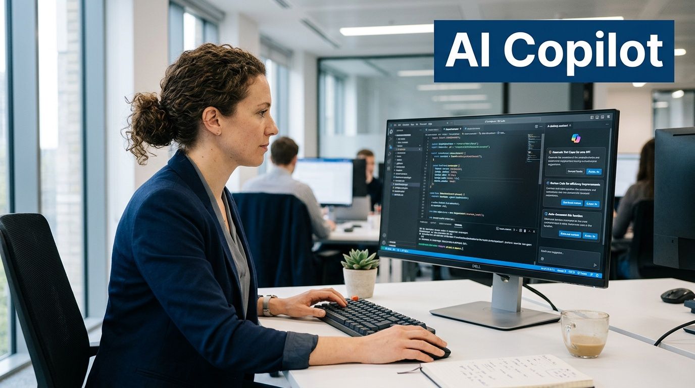 A woman works on a computer displaying code and an AI Copilot interface in an office.