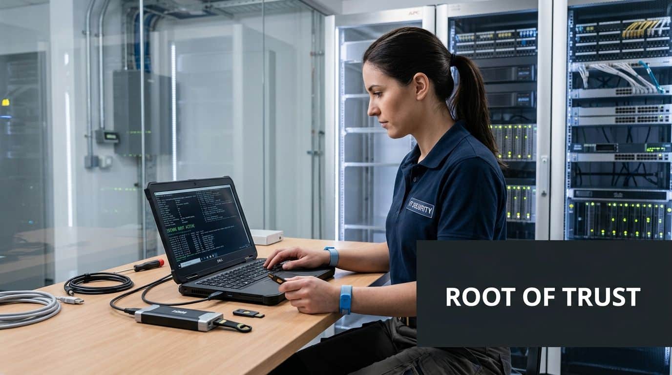 A woman in a security polo shirt works on a rugged laptop in a server room, surrounded by IT equipment and cables.