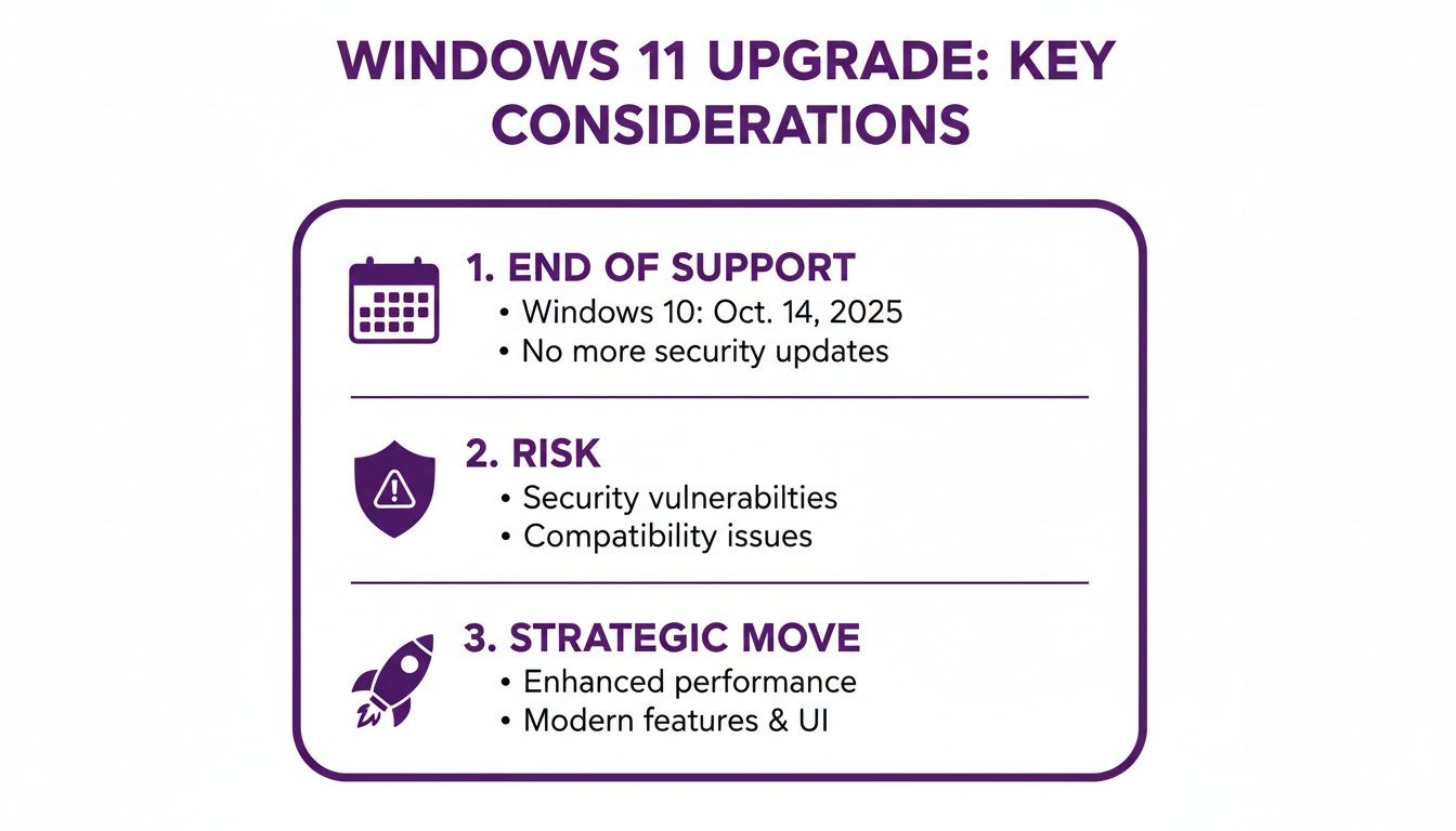 Key considerations for Windows 11 upgrade, detailing end of Windows 10 support, risks, and strategic benefits.