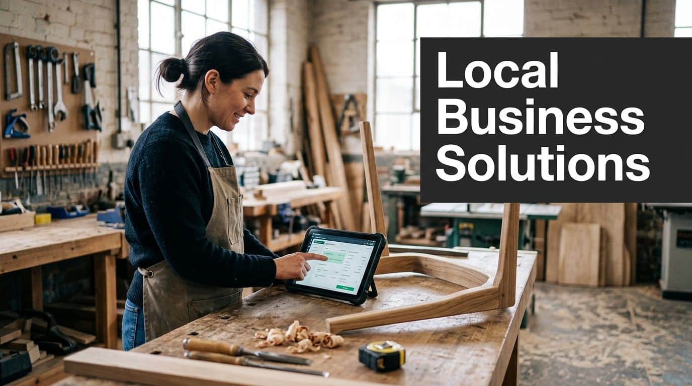 A female artisan using a digital tablet in her woodworking workshop to manage business operations.