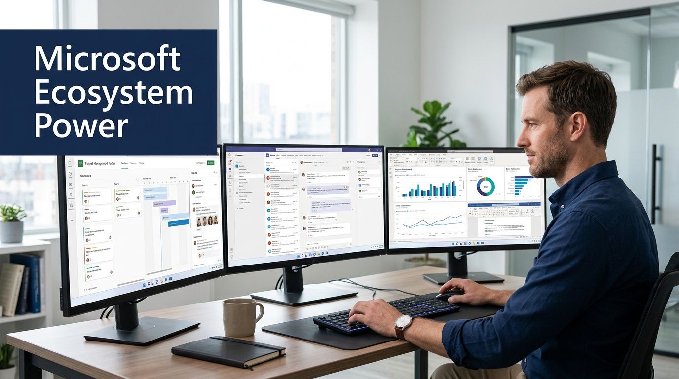 A professional man working on a multi-monitor desktop setup in a modern office environment.