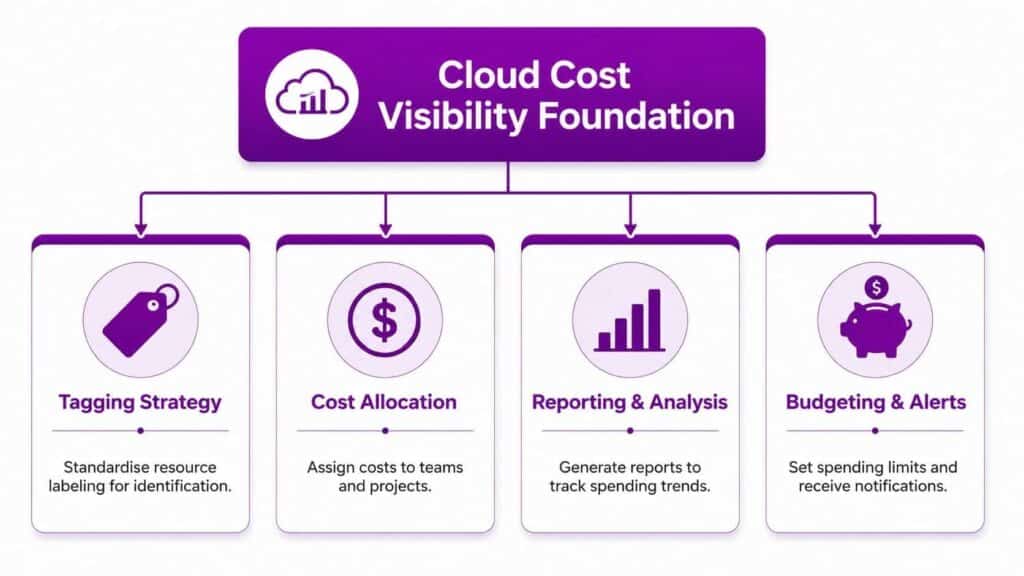 - Pioneering IT Solutions | F1Group in Lincoln & Nottingham A diagram outlining the Cloud Cost Visibility Foundation, covering tagging, allocation, reporting, and budgeting.
