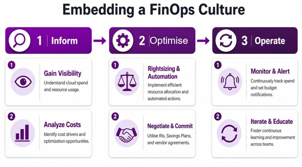 - Pioneering IT Solutions | F1Group in Lincoln & Nottingham A three-step FinOps process flow showing Inform, Optimise, and Operate phases for effective cloud cost management.