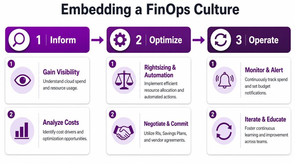 A three-step FinOps process flow showing Inform, Optimize, and Operate phases for effective cloud cost management.