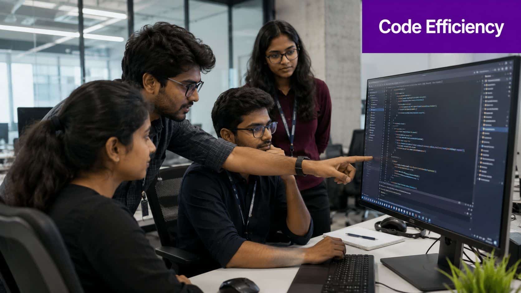 A team of young software developers collaborating on coding tasks in a modern office workspace environment.