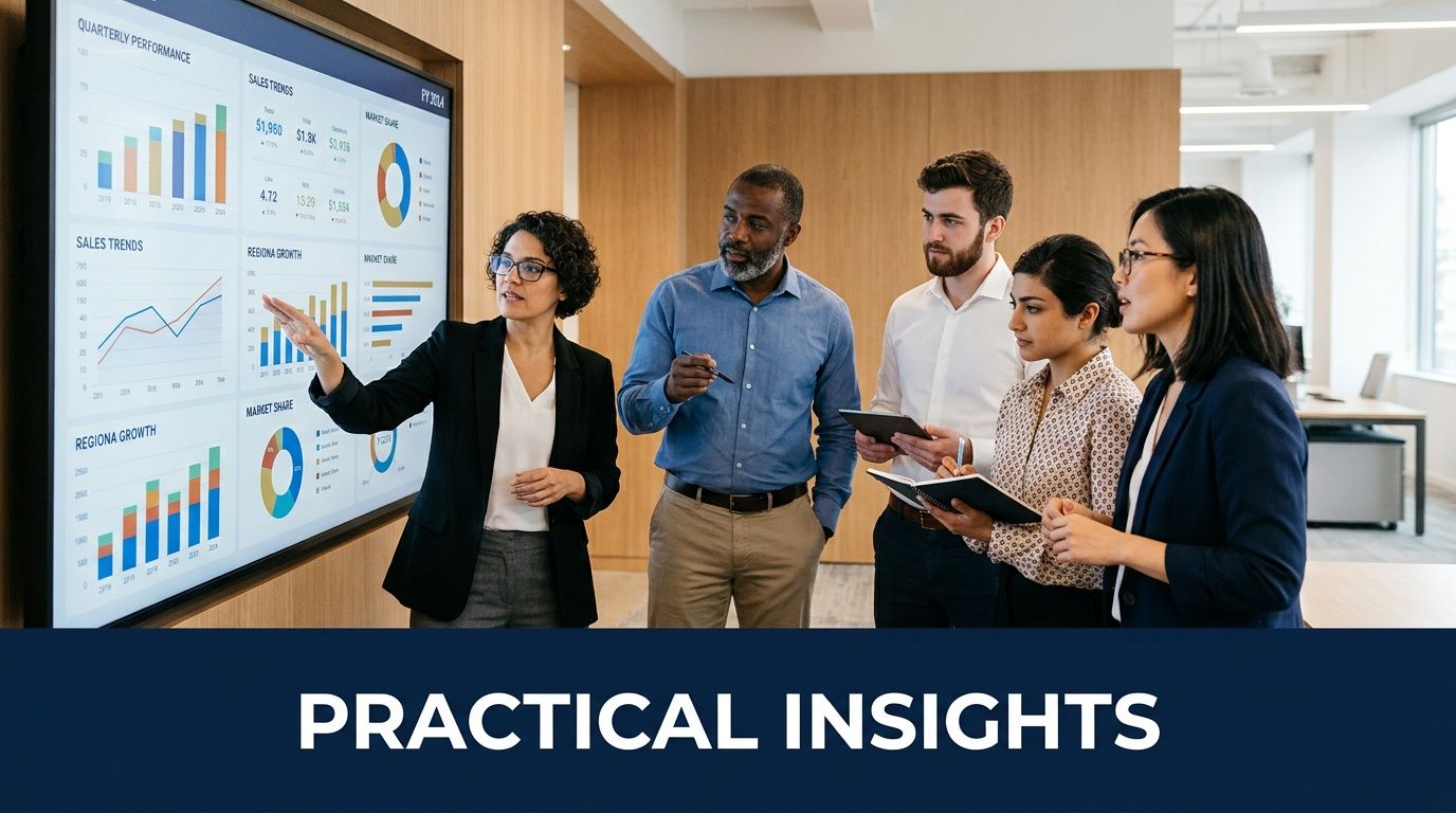 A diverse team of professionals analyzing business data on a large digital screen in an office.