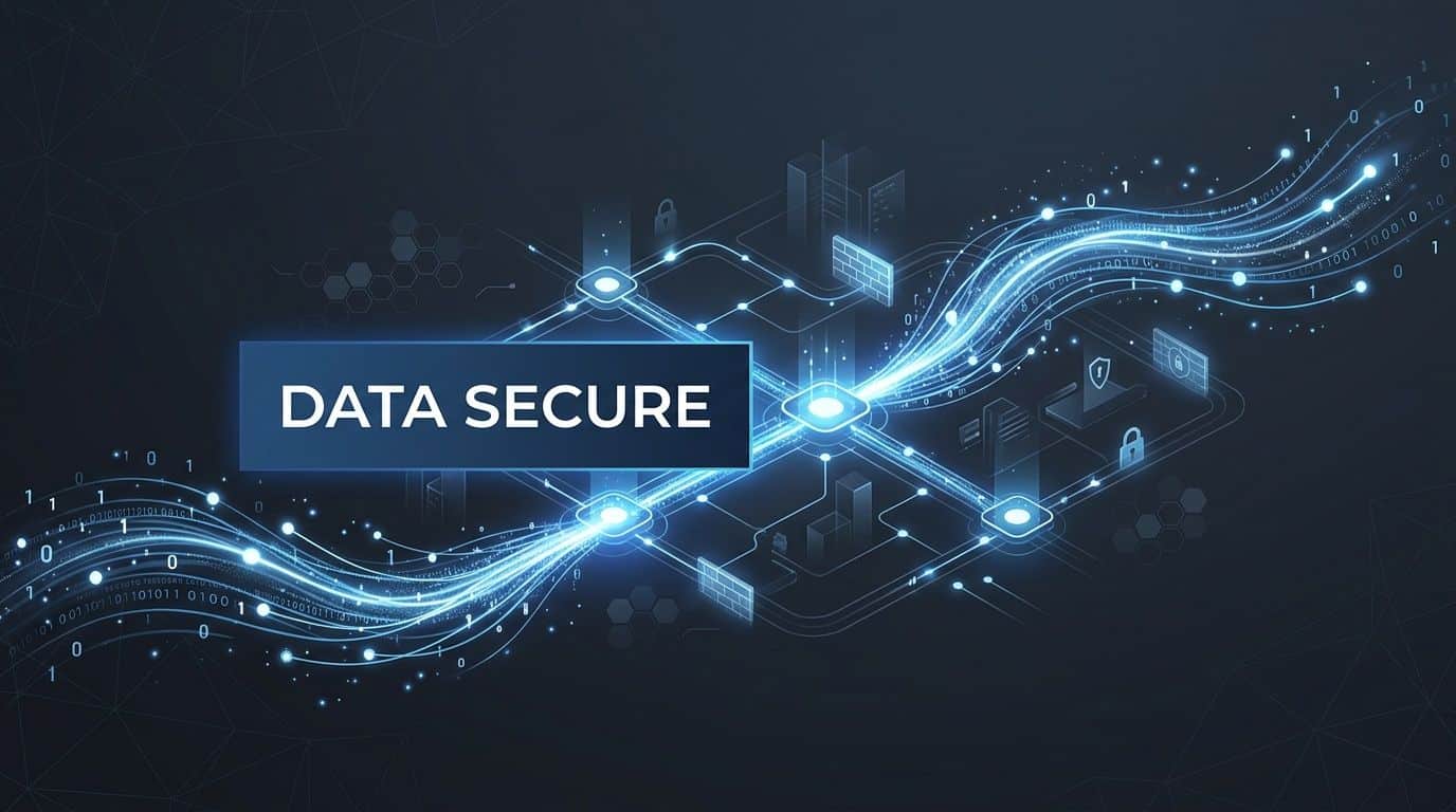 A digital representation of data security showing glowing network connections, binary code, and icons of digital protection.