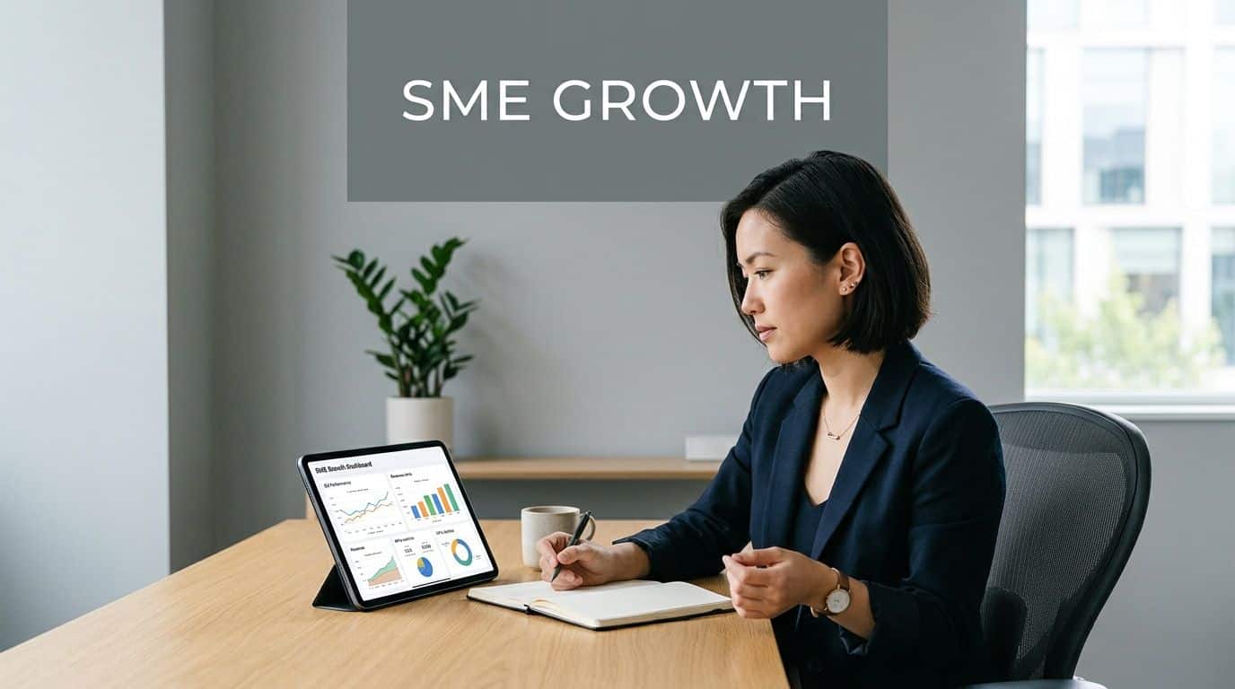 A professional woman in a dark blazer reviews SME growth data on a tablet while taking notes.