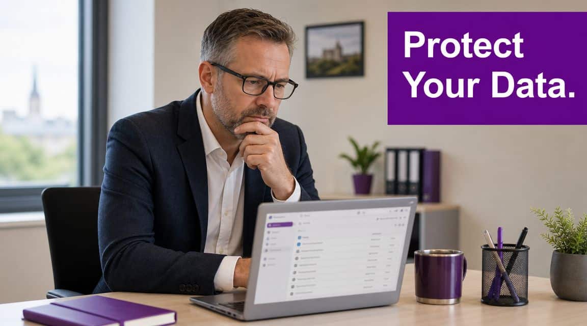 A professional man working on a laptop at his office desk with a data protection theme.