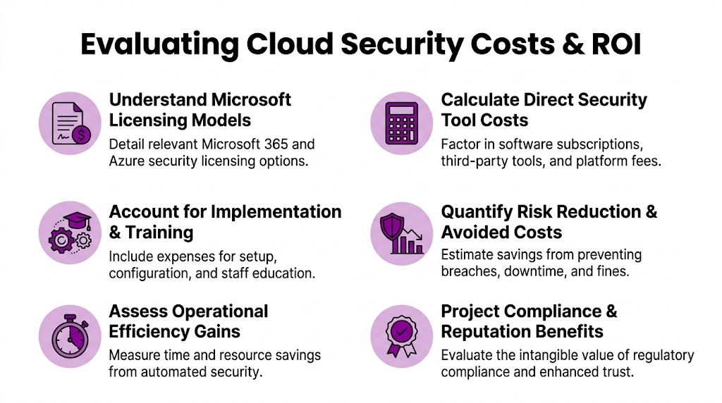 An infographic detailing steps to evaluate cloud security costs and ROI for organizations using Microsoft tools.
