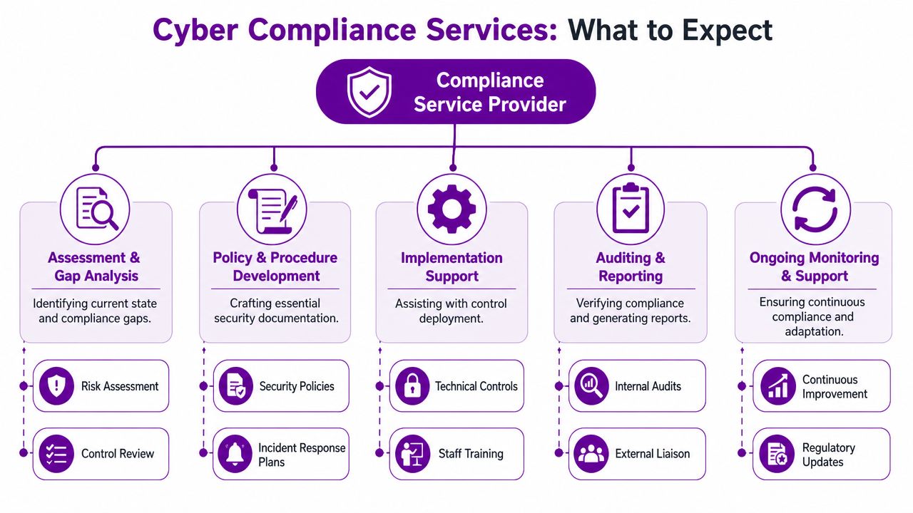 An organizational chart showing five key pillars of cyber security compliance services and their supporting components.