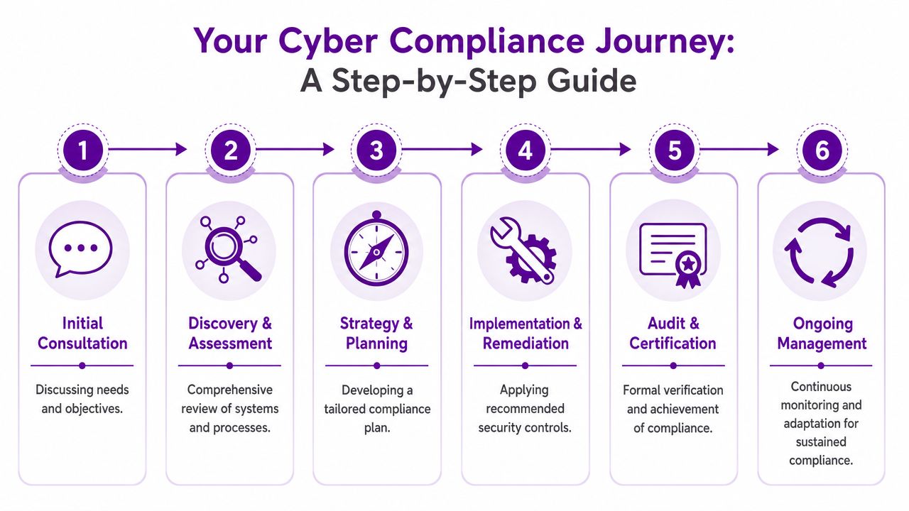 A six-step infographic detailing the professional process of achieving cyber security compliance for a business.