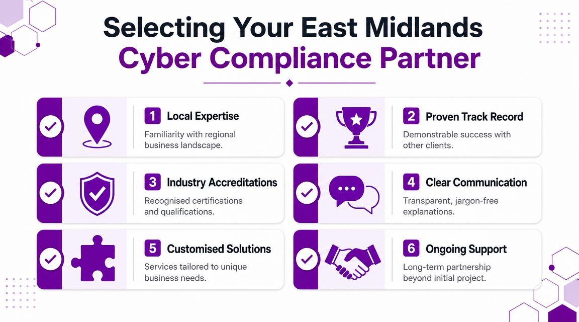 An infographic detailing six essential factors for selecting an East Midlands cyber security compliance partner.