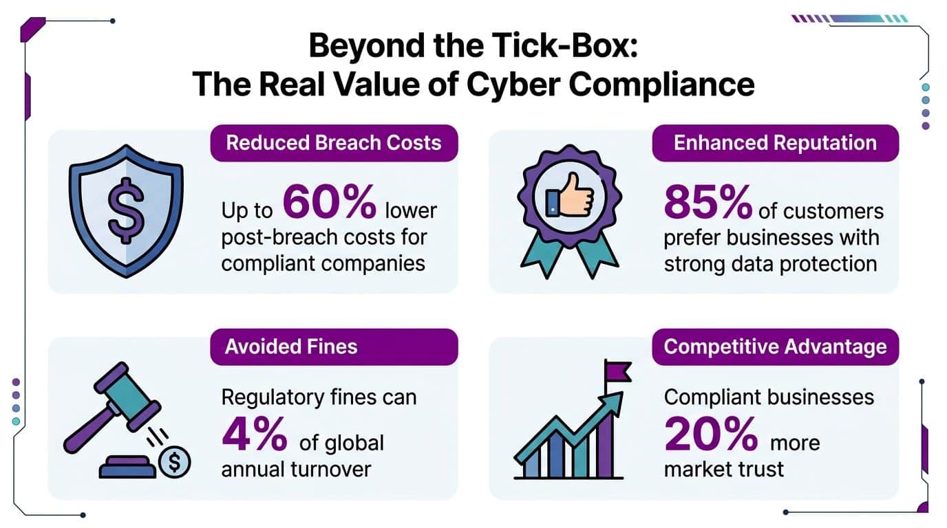 An infographic showing the business benefits of cyber security compliance including reduced costs and improved trust.