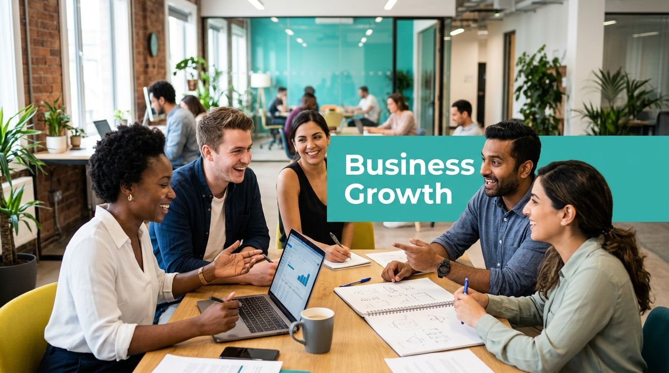 A diverse team of professionals collaborating and smiling around a table in a modern office workspace.