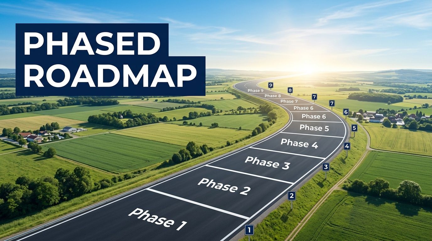 A digital phased roadmap illustration showing a multi-stage highway stretching into a sunny horizon.