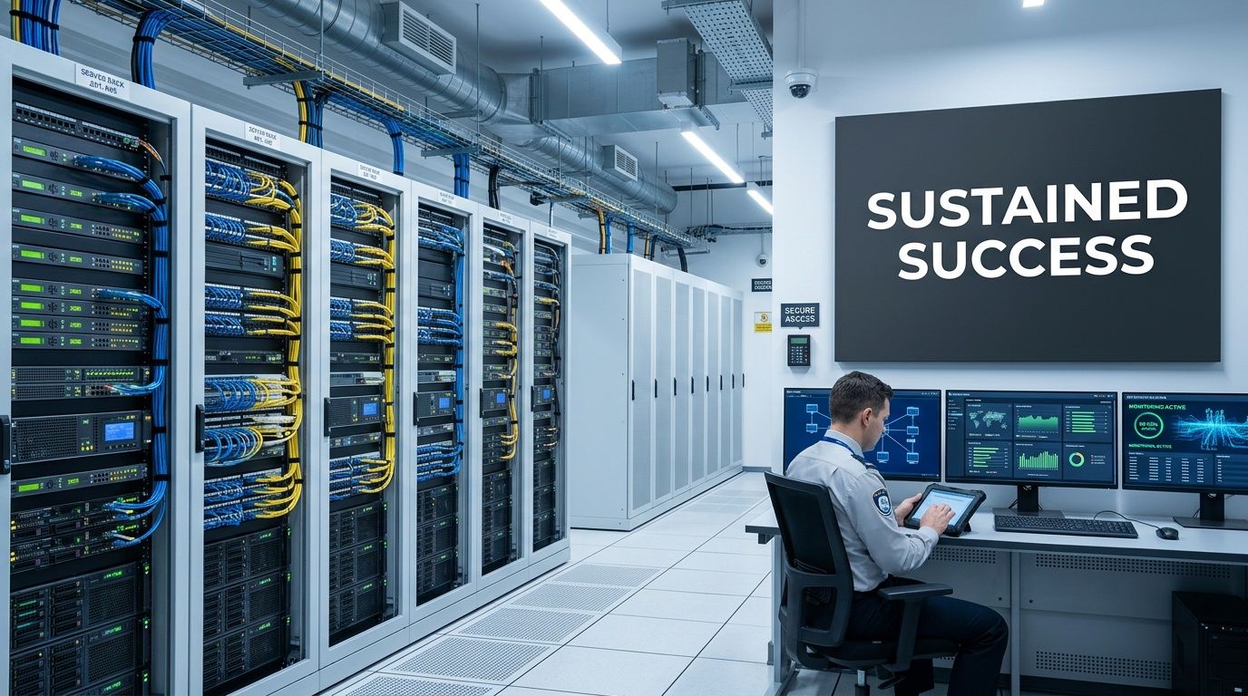 A technician working on a tablet in a modern server room filled with rack-mounted computers and equipment.