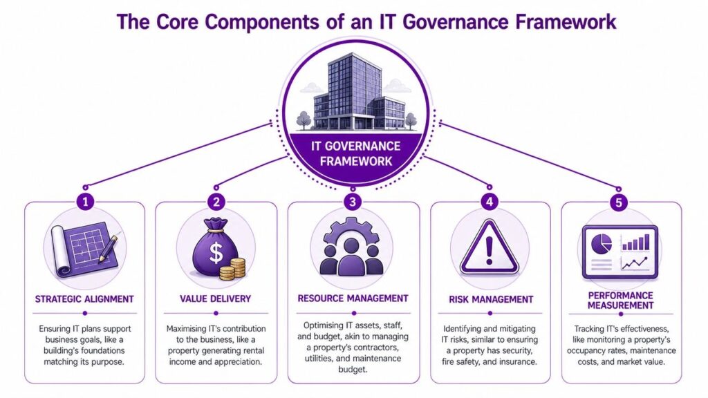 - Pioneering IT Solutions | F1Group in Lincoln & Nottingham A diagram illustrating the five core components of an IT governance framework including strategic alignment and risk management.