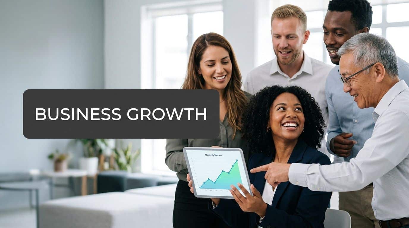 A diverse business team smiling while looking at a growth chart on a digital tablet together.