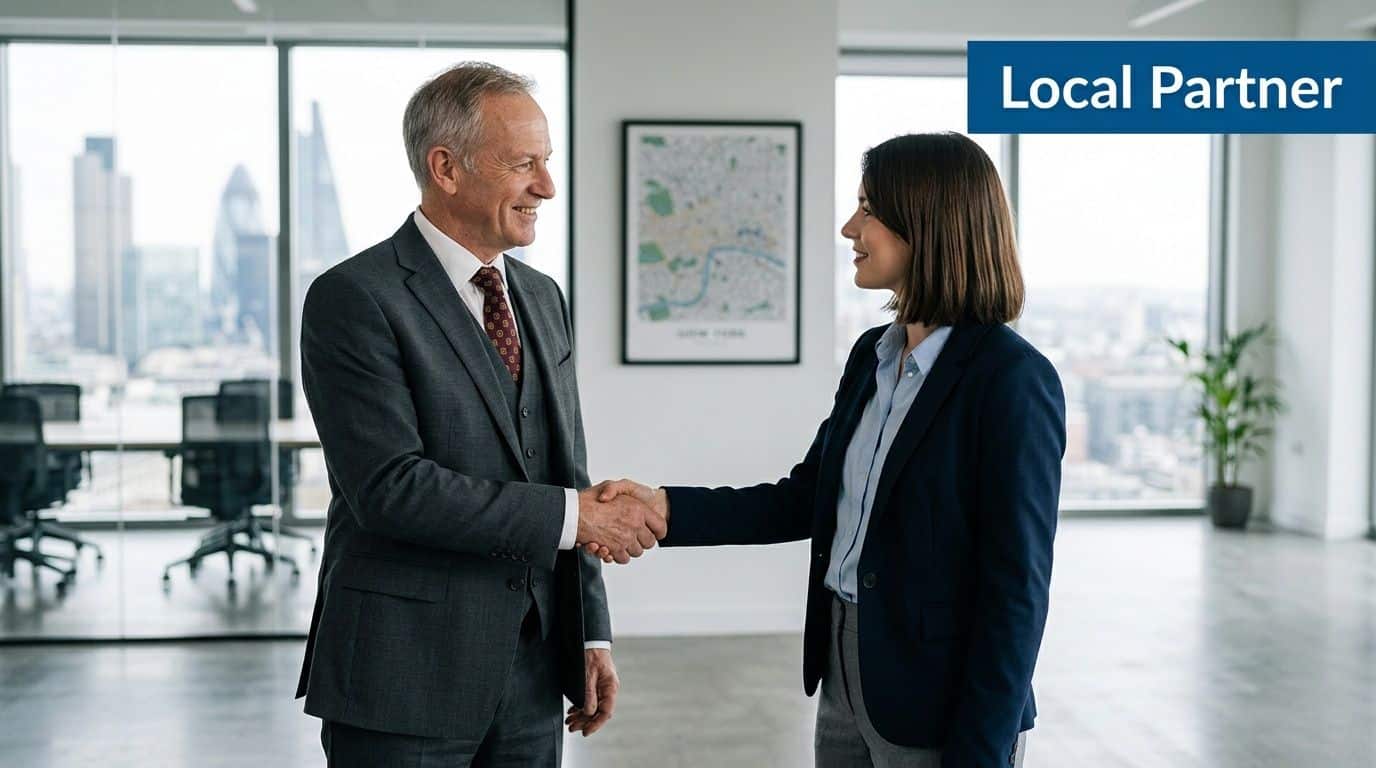 A professional man and woman in business attire shaking hands in a modern corporate office setting.