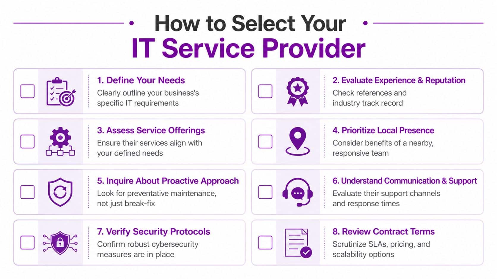 An infographic titled How to Select Your IT Service Provider featuring eight steps for businesses to follow.