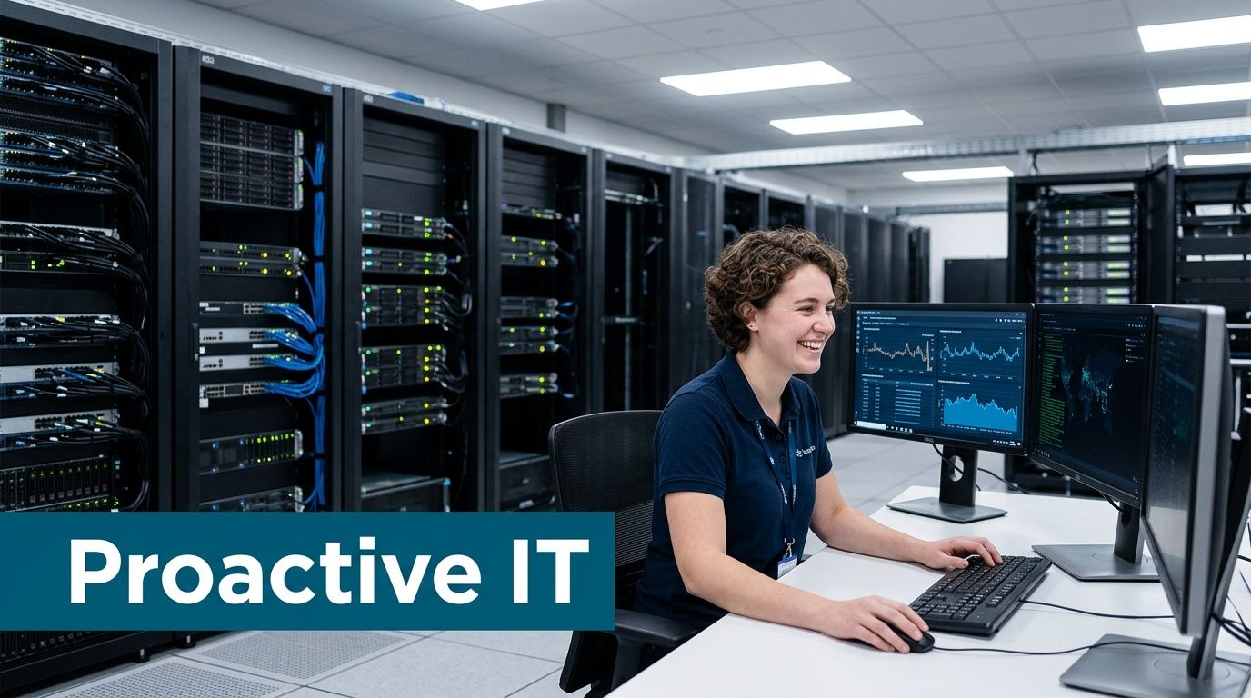 A happy IT professional monitoring network servers at her workstation in a modern, secure server room.