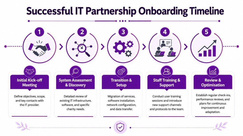 - Pioneering IT Solutions | F1Group in Lincoln & Nottingham A five-step flowchart illustrating the onboarding process for a successful IT partnership for charitable organisations.