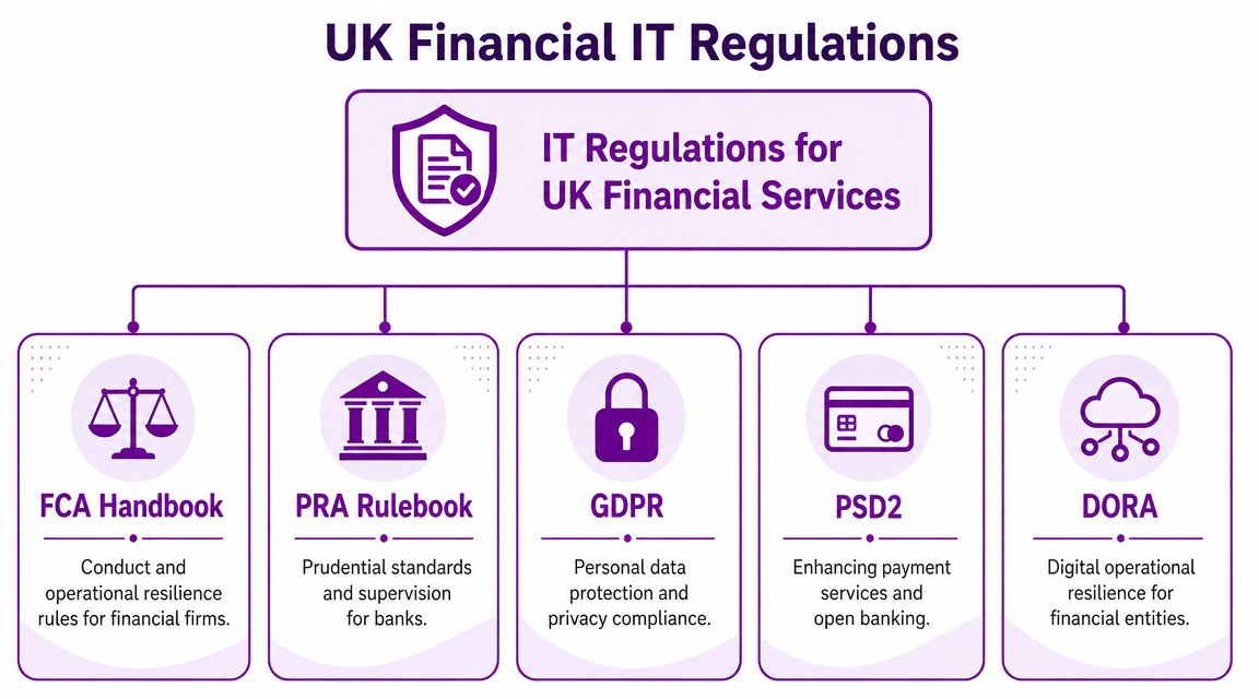A diagram outlining key UK financial IT regulations, including FCA, PRA, GDPR, PSD2, and DORA standards.