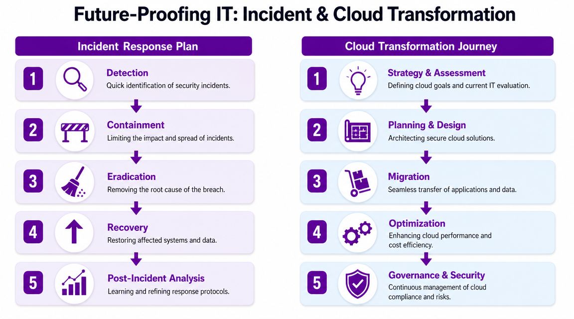 A diagram outlining steps for incident response planning and cloud transformation journeys in information technology environments.