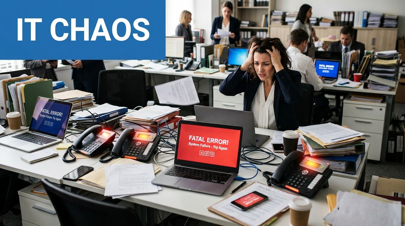 A distressed woman in an office setting surrounded by computer screens displaying fatal error messages.