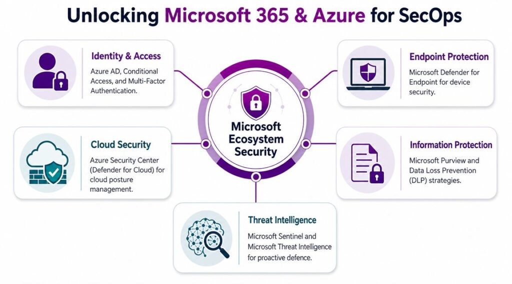 managing security operations microsoft security 1 - Pioneering IT Solutions | F1Group in Lincoln & Nottingham A diagram illustrating the core components of Microsoft 365 and Azure security for operations teams.