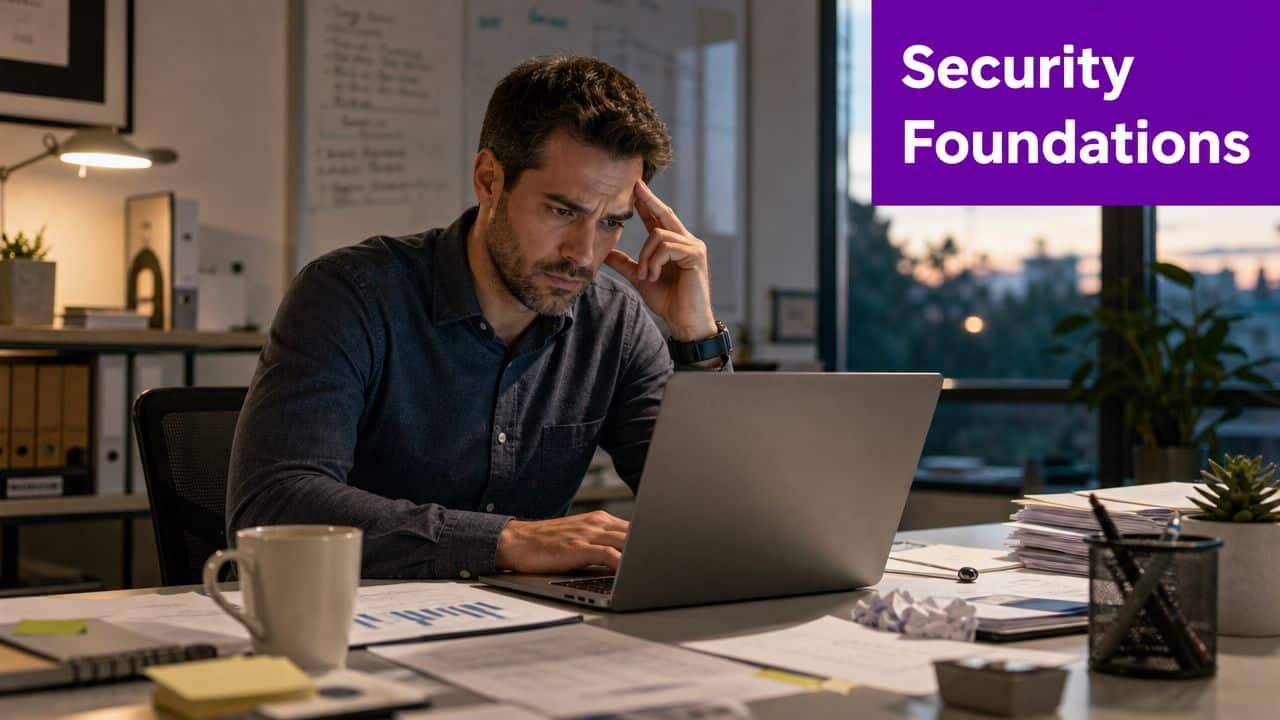 A focused man works late at night on a laptop in a modern office with documents.