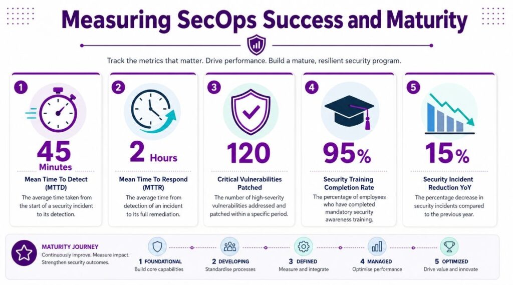 managing security operations secops metrics 1 - Pioneering IT Solutions | F1Group in Lincoln & Nottingham An infographic detailing five key SecOps performance metrics and a roadmap for security program maturity.