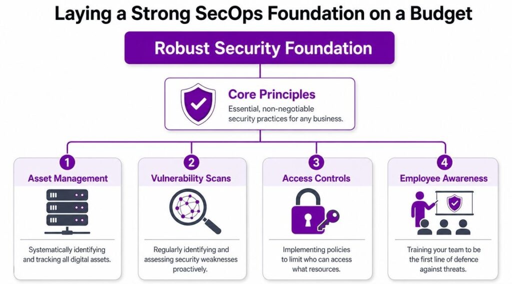managing security operations security foundation 1 - Pioneering IT Solutions | F1Group in Lincoln & Nottingham A flowchart titled Laying a Strong SecOps Foundation on a Budget, highlighting four key security principles.