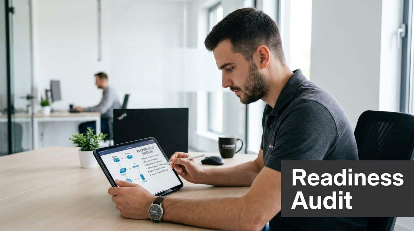 A professional man reviewing a digital readiness audit checklist on a tablet at his office desk.