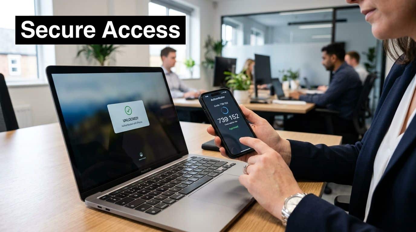 A professional using a smartphone to authenticate secure access to a laptop in an office environment.