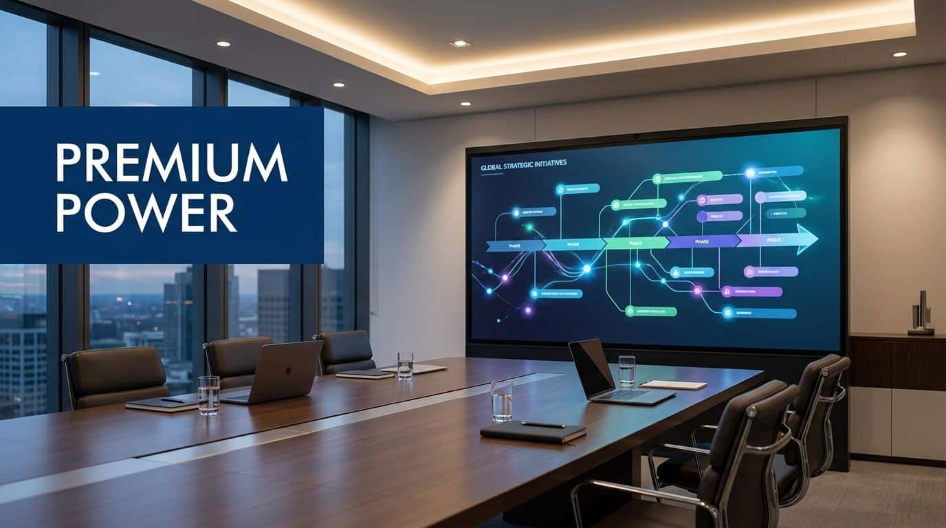 A modern, professional conference room featuring a large digital display showcasing a strategic roadmap and sleek furniture.