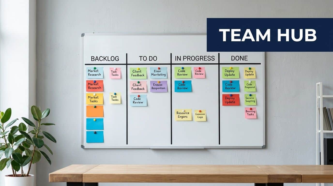 A whiteboard Kanban board in an office setting labeled with Backlog, To Do, In Progress, and Done columns.