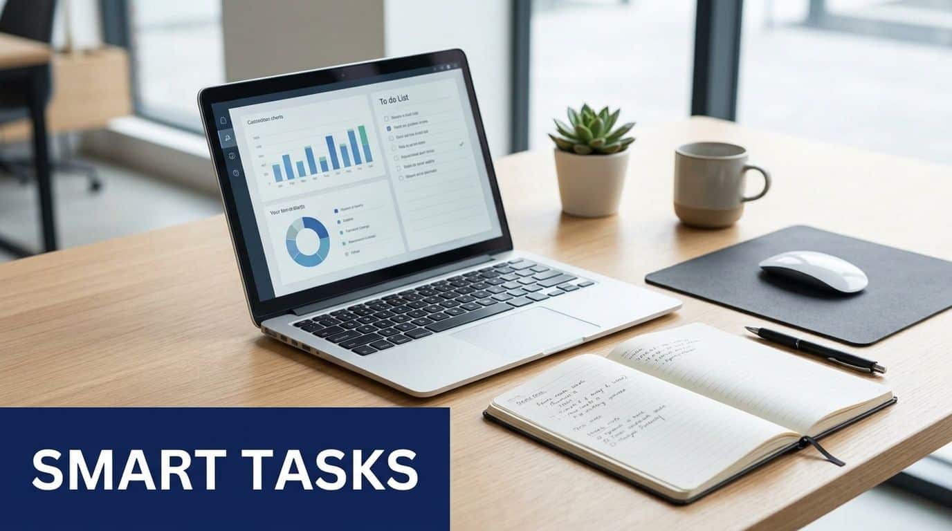 A modern office desk featuring an open laptop displaying business analytics charts, a notebook, and a coffee mug.