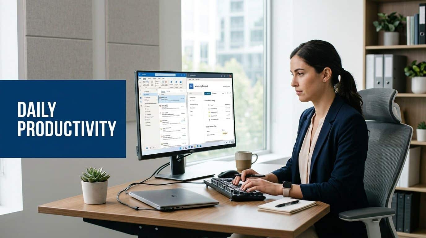 A professional woman working at her desk using a computer to manage projects with digital software.